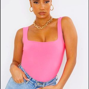 Pretty Little Thing Neon Pink Second Skin Sleeveless Thong Bodysuit size 0 XS
